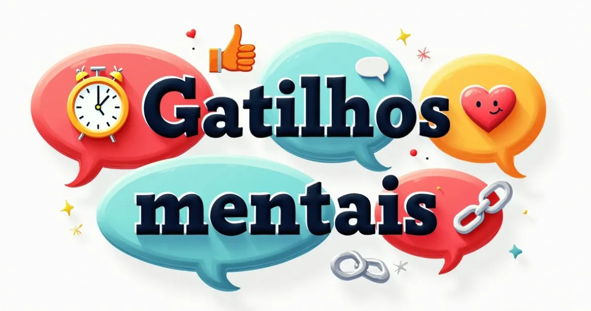 Gatilhos mentais ilustrados em balões de fala com símbolos
