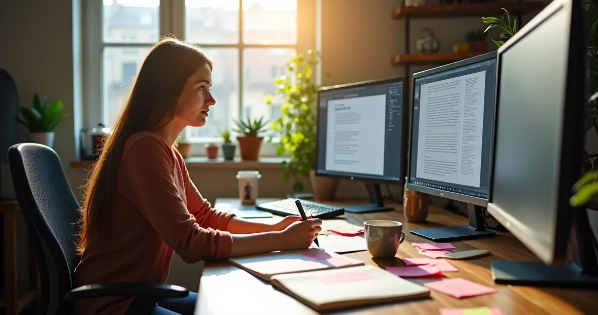 Redator digital trabalhando com múltiplas telas e rascunhos