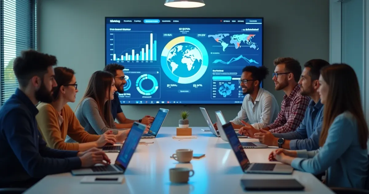Equipe reunida em torno de mesa analisando gráficos de marketing digital